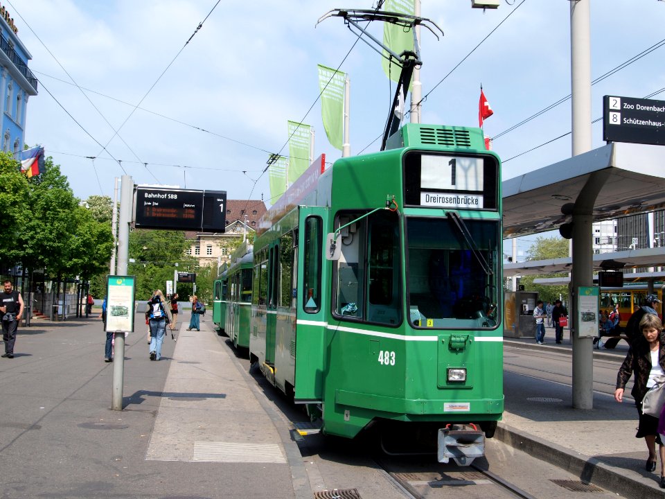 BVB Tram car 483, line 1 towards Dreiosenbrucke at Basel, Switserland