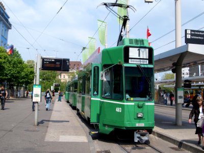 BVB Tram car 483, line 1 towards Dreiosenbrucke at Basel, Switserland
