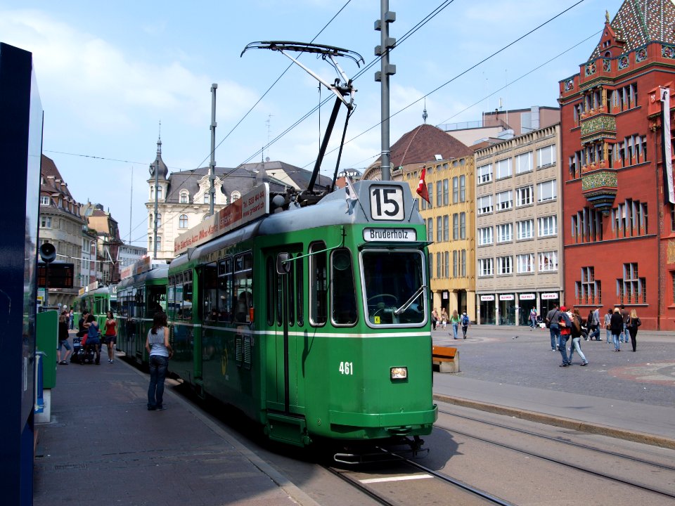 BVB Tram car 461 at Marktplatz, on line 15 towards Bruderholz in Basel, Switzerland