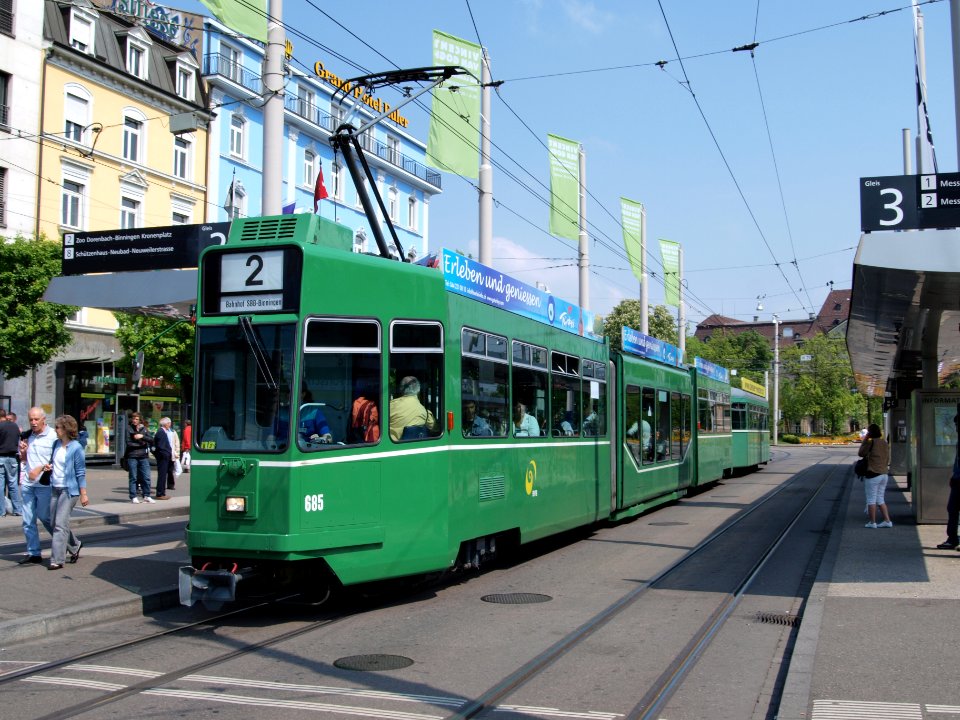 BVB Tram car 685 line 2 towards Bahnhof SBB-Binningen at Basel, Switserland
