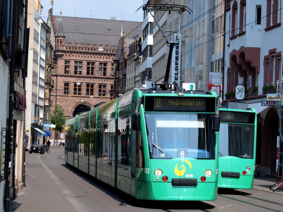 BVB Tram car 322, line 8 towards Neuweilerstrasse at Basel, Switserland p01