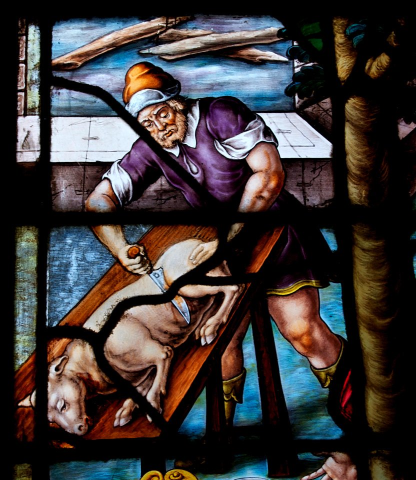 Butcher boucher detail window Saint Etienne du Mont
