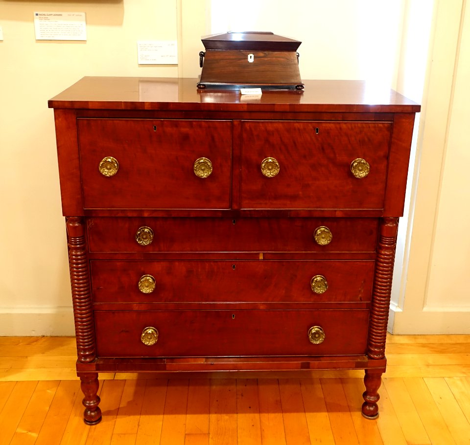 Butler's chest, c. 1850, mahogany and tiger maple veneer, with tea caddy, early 1800s, rosewood - Old Colony History Museum - Taunton, Massachusetts - DSC03704