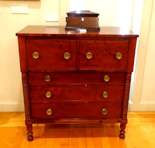 Butler's chest, c. 1850, mahogany and tiger maple veneer, with tea caddy, early 1800s, rosewood - Old Colony History Museum - Taunton, Massachusetts - DSC03704