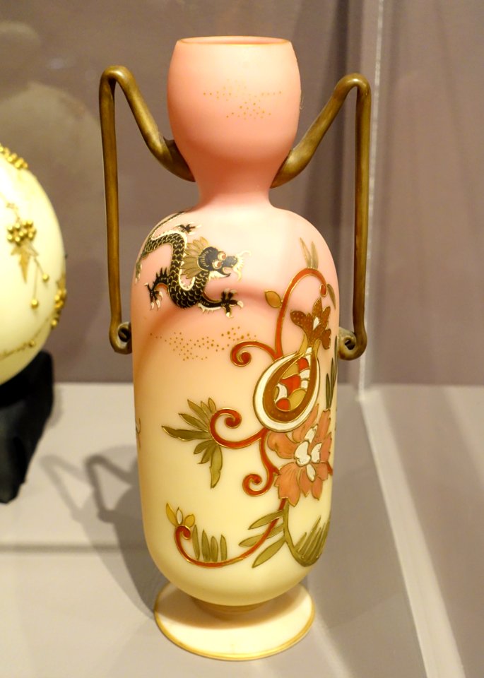 Burmese handled vase, Mt. Washington Glass Company, New Bedford MA, c. 1890, blown glass with painted decoration - Bennington Museum - Bennington, VT - DSC09099