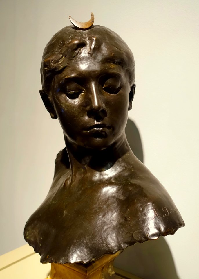 Bust of Diana by Jean Alexandre Joseph Falguiere, French, 1880s, bronze, view 2 - Middlebury College Museum of Art - Middlebury, VT - DSC08257