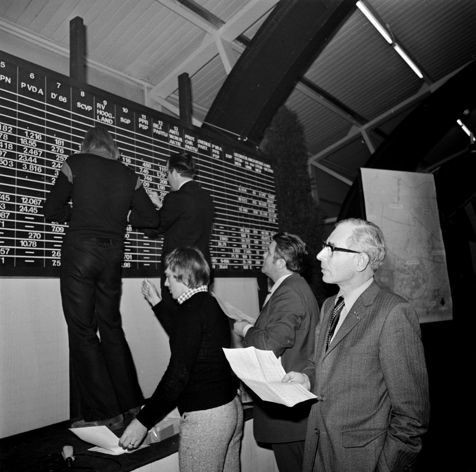 Burgemeester dr. M. Troostwijk bij het uitslagenbord, Bestanddeelnr 926-8430