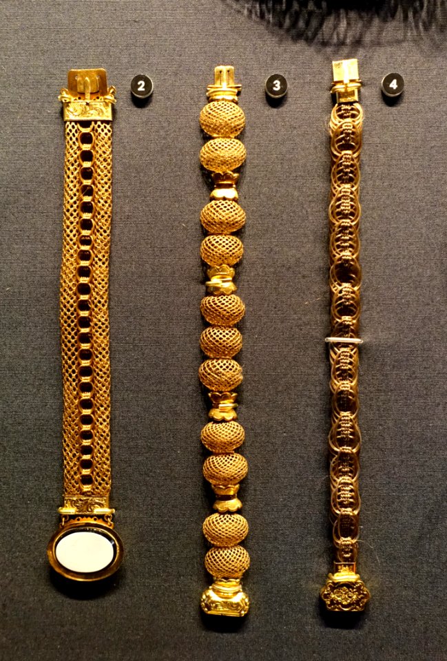 Bracelets, 2 Hans Georg Vogt, Kristianstad, active 1823-1854, 3 Gustaf Mollenborg, Stockholm, 1853, 4 August Wilhelm Arnesen, Stockholm, 1858, human hair and gold - Nordiska museet - Stockholm, Sweden - DSC09717