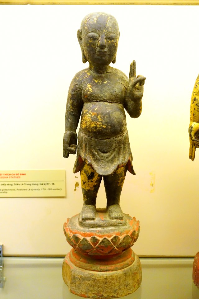 Boy Buddha statue, Restored Le dynasty, 17th-18th century, crimson and gilded wood - National Museum of Vietnamese History - Hanoi, Vietnam - DSC05664