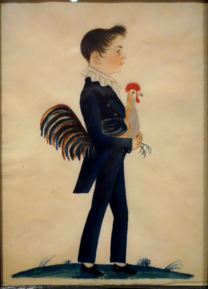 Boy Holding a Rooster, by Jacob Maentel, York, Lebanon, or Lancaster County Pennsylvania, 1815-1825, watercolor and ink on paper - Winterthur Museum - DSC01335