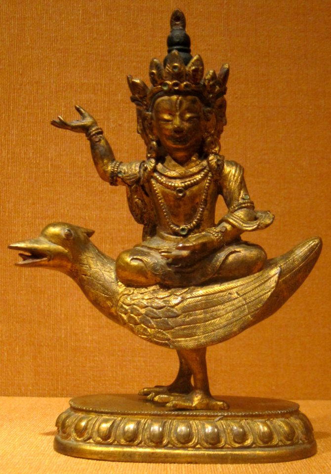 Brahma on Hamsa, Tibet, 17th-18th century, gilt bronze and polychrome, HAA