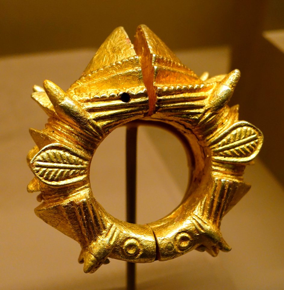 Bracelet, Akan people, Ghana, mid to late 20th century, gold leaf over wood - National Museum of Natural History, United States - DSC00471