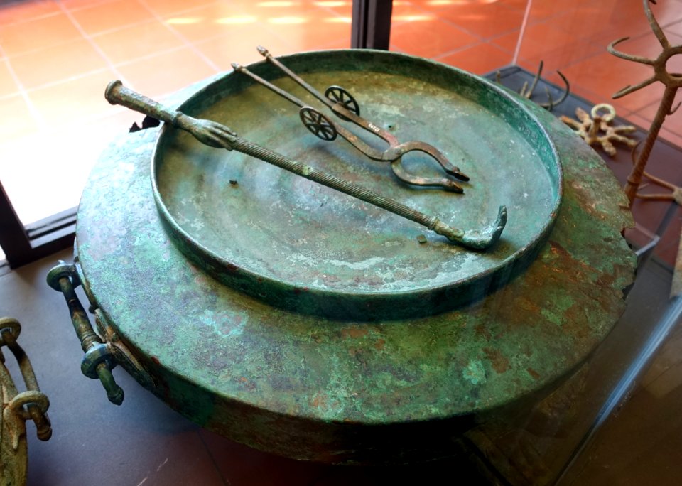 Brazier, fire tongs, and fire poker, Vulci, Camposcala necropolis, 4th century BC, bronze, inv. 12253, 12293, 12294 - Museo Gregoriano Etrusco - Vatican Museums - DSC01158