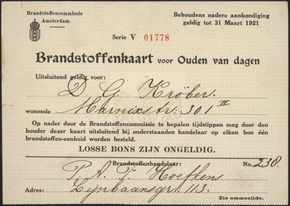 Brandstoffenkaart voor Ouden van dagen, Brandstoffencommissie Amsterdam (origine, Bestanddeelnr 158-1772