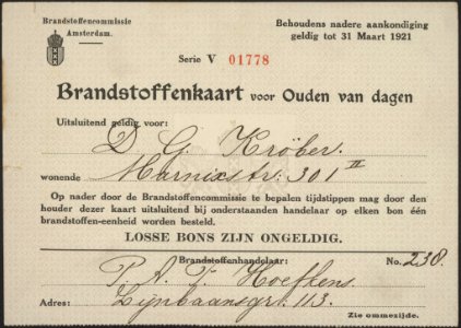 Brandstoffenkaart voor Ouden van dagen, Brandstoffencommissie Amsterdam (origine, Bestanddeelnr 158-1772