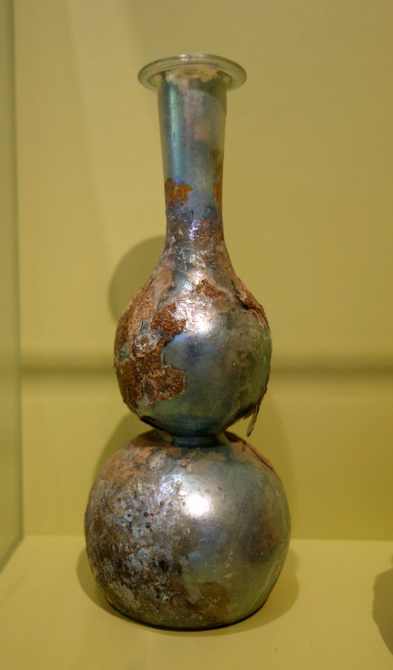 Bottle, Eastern Mediterranean, 300 AD, free-blown glass, pinched waist, rolled rim - Huntington Museum of Art - DSC04825