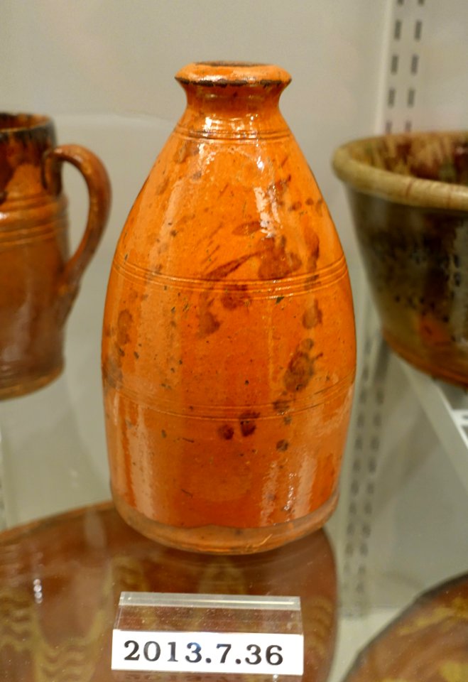 Bottle, American, probably Pennsylvania, c. 1840, lead-glazed redware, manganese, item HD 2013.7.36 - Flynt Center of Early New England Life - Deerfield, Massachusetts - DSC04090