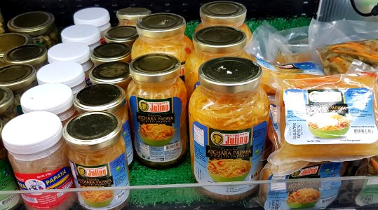 Bottled atchara (pickled papaya) sold in a supermarket in the Philippines