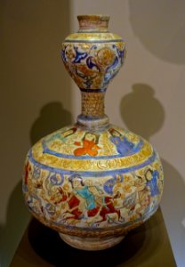 Bottle, mina'iware, Iran, Kashan, late 12th to early 13th century AD, frit body, in-glaze and overglaze polychrome and gilt, opaque white glaze - Montreal Museum of Fine Arts - Montreal, Canada - DSC09711