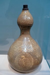 Bottle, Korea, Gangjin kilns, Goryeo period, 1300s AD, stoneware, white and black inlays under celadon glaze, Japanese silver repair - Freer Gallery of Art - DSC04876