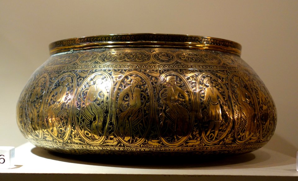 Bowl with 25 incised panels depicting humans and animals, Iran, Qajar dynasty, 18th century AD, brass - Huntington Museum of Art - DSC05065