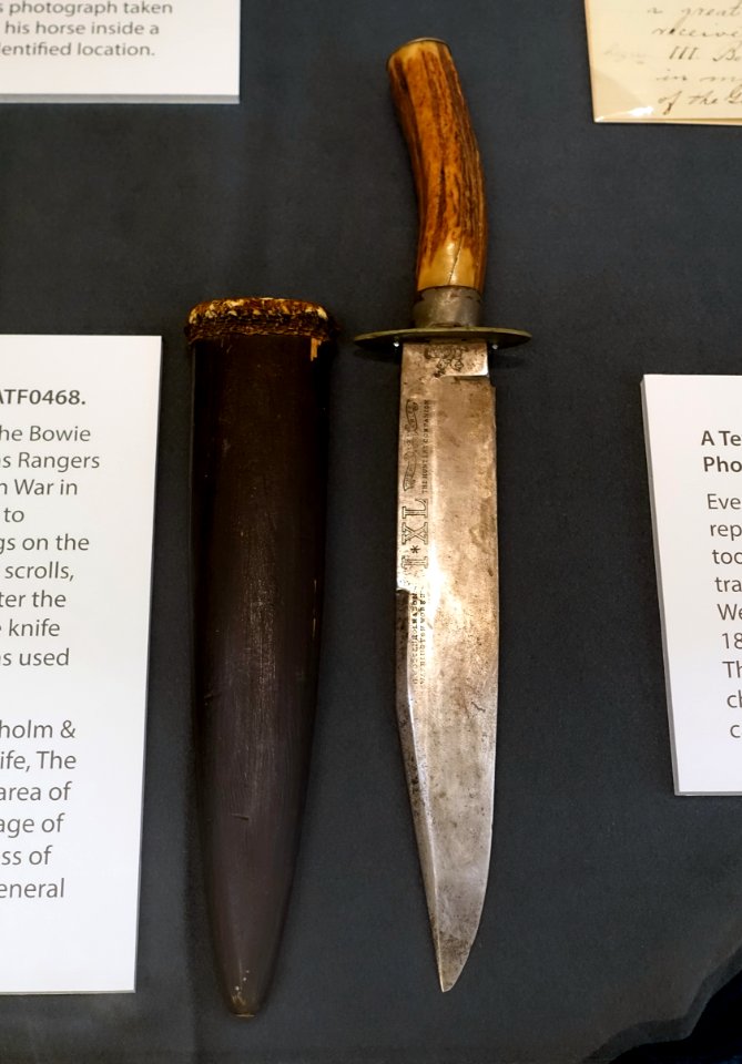 Bowie knife, blade marked G. Wostenholm & Son, Washington Work, I-XL, the real IXL knife, The Hunters Companion - Lorenzo de Zavala State Archives and Library Building - Austin, Texas - DSC08363