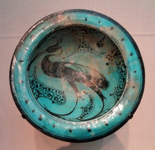 Bowl, Syria, late 12th-early 13th century AD, stonepaste painted in black under turquoise glaze - Freer Gallery of Art - DSC05331
