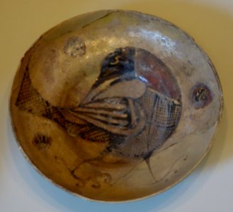 Bowl with design of bird, probably eastern Mediterranean, 8th or 9th century AD, earthenware with black & brown paint over transparent yellow glaze - Cincinnati Art Museum - DSC04160