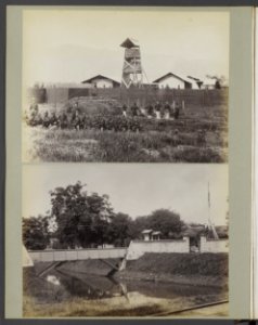 Boven Marechaussee eenheid poseert voor een fort met uitkijktoren. Rechts zijn , Bestanddeelnr 850 08
