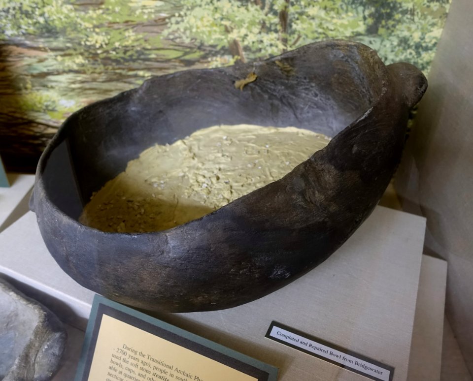Bowl from Bridgewater, completed and repaired, Transitional Archaic Phase, c. 4000-2700 years ago, steatite (soapstone) - Robbins Museum - Middleborough, Massachusetts - DSC03702
