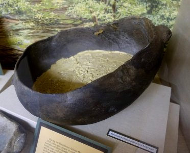 Bowl from Bridgewater, completed and repaired, Transitional Archaic Phase, c. 4000-2700 years ago, steatite (soapstone) - Robbins Museum - Middleborough, Massachusetts - DSC03702