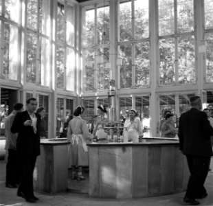 Bronwatervestrekking in het Pavillon der Wilhelmsquelle in het kurpark van Bad M, Bestanddeelnr 254-3210