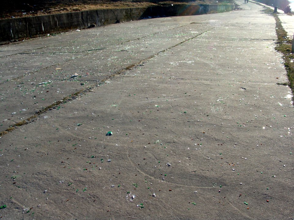 Broken glass on the road