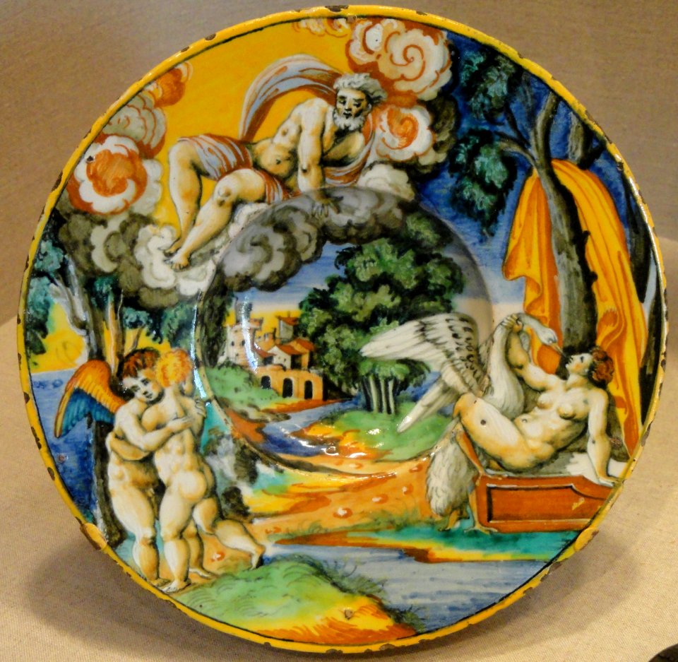 Broad-rimmed bowl with Leda and the Swan, Central Italian (probably Urbino or Urbino district), c. 1540-1545, maiolica - National Gallery of Art, Washington - DSC09839