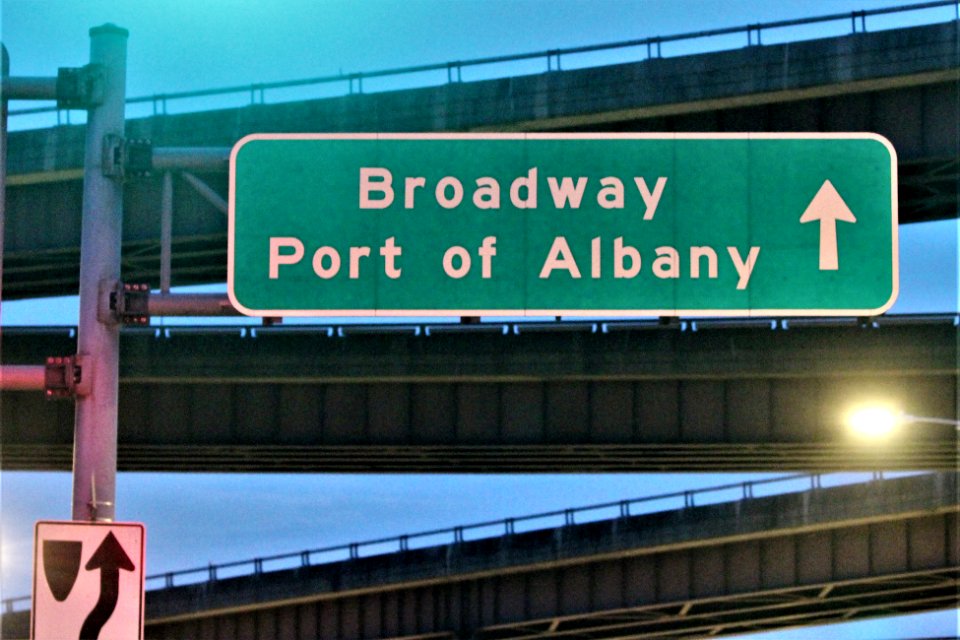 Broadway, Port of Albany sign at night