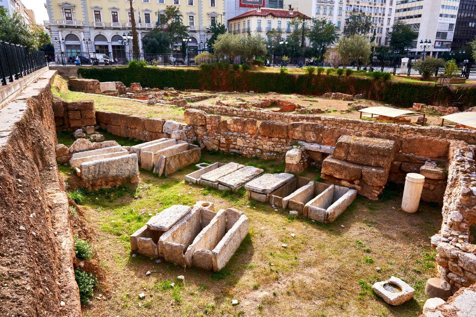 Broken sarcophagi next to the Acharnean Street in Kotzia Square on November 11, 2019