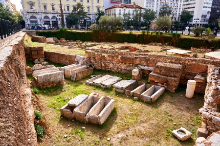 Broken sarcophagi next to the Acharnean Street in Kotzia Square on November 11, 2019