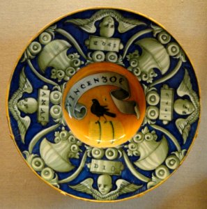 Broad-rimmed bowl with a bird on a bundle and the inscription VINCENZO, Central Italian (Urbino district), 1529, maiolica - National Gallery of Art, Washington - DSC09850
