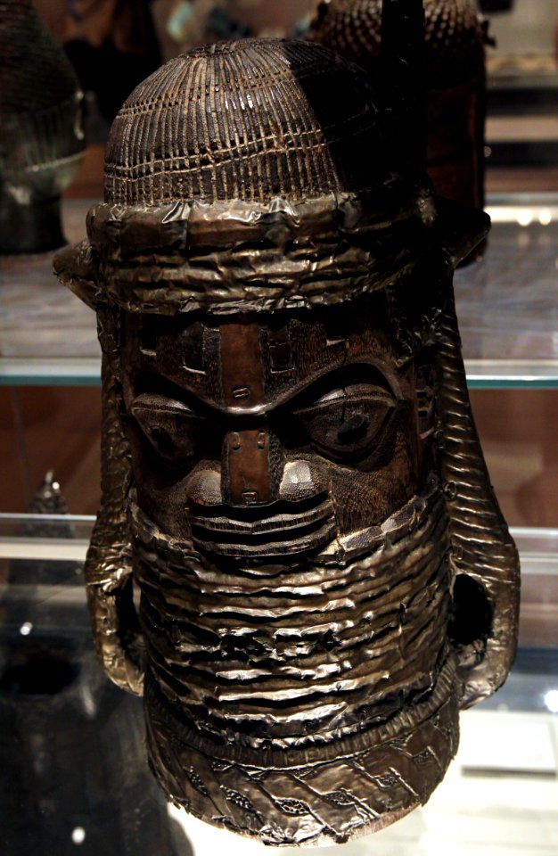 British Museum Room 25 Head covered with brass sheeting Carved wood Benin Nigeria 17022019 5154