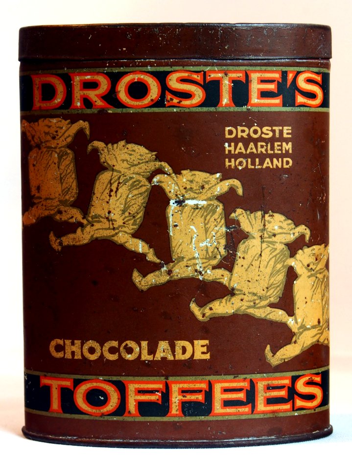 Bruine ovaal cylindervormig Droste chocolade tofees blik, foto3