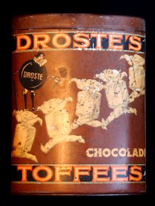 Bruine ovaal cylindervormig Droste chocolade tofees blik, foto1