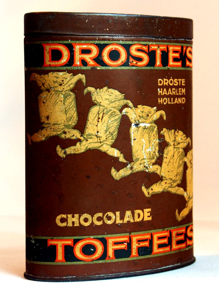 Bruine ovaal cylindervormig Droste chocolade tofees blik, foto4