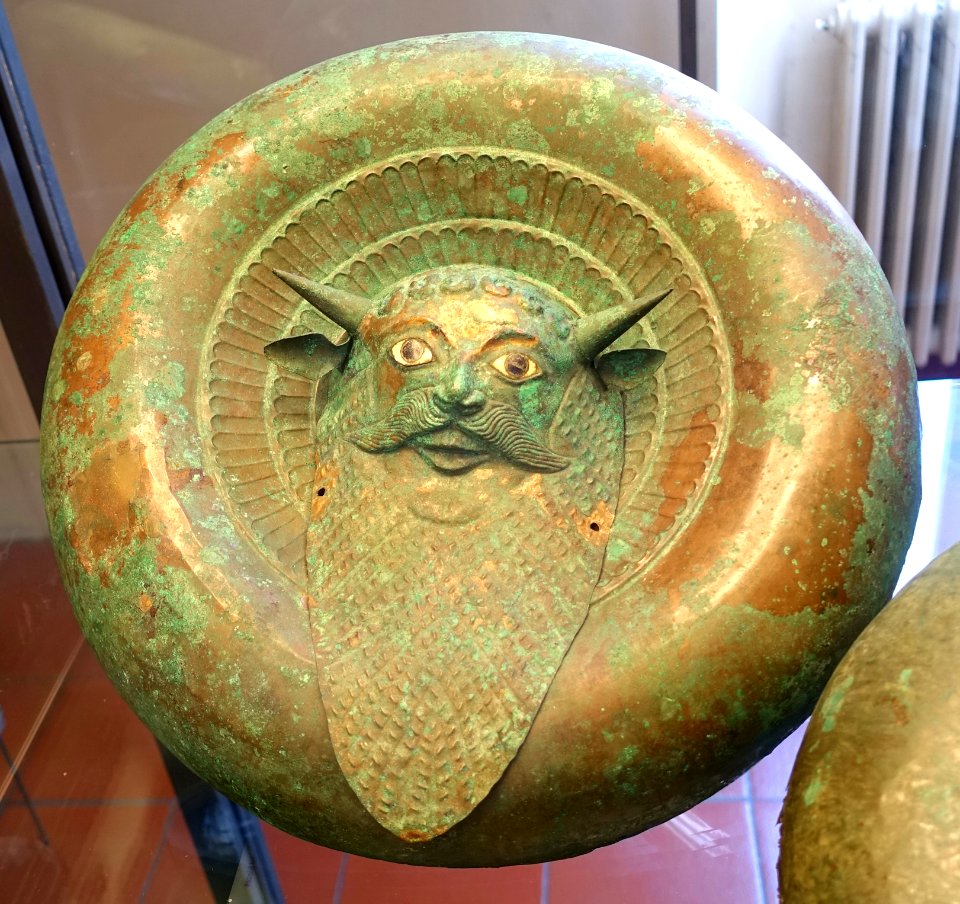 Bronze boss, lion head or Acheloos mask, no. 1, Tarquinia, Monte Quagliere necropolis, late 6th to early 5th century BC, bronze, inv. 12461-3, 12622-9 - Museo Gregoriano Etrusco - Vatican Museums - DSC01167