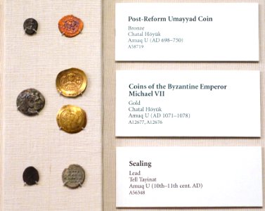 Bronze post-reform Umayyad and gold Byzantine Michael VII coins, with lead seal, Amuq Valley, Amuq U, 698-1078 AD - Oriental Institute Museum, University of Chicago - DSC07674