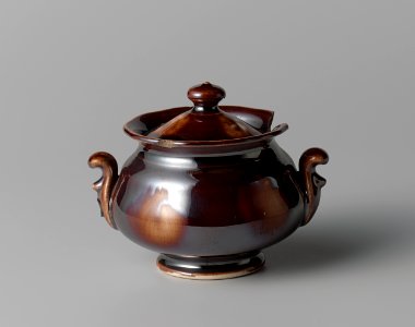 Bruin aardewerk suikerpotje met lusterglazuur, Petrus Regout & Co