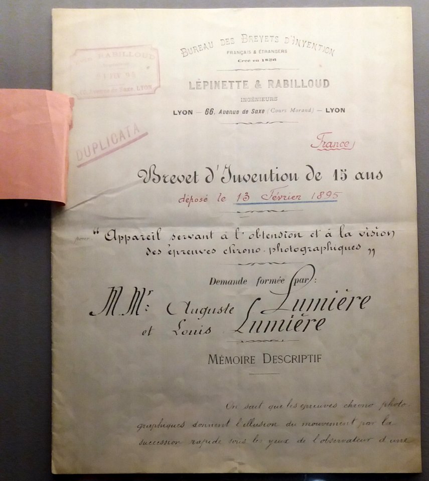 Brevet d'Invention de 15 ans - Frères Lumière
