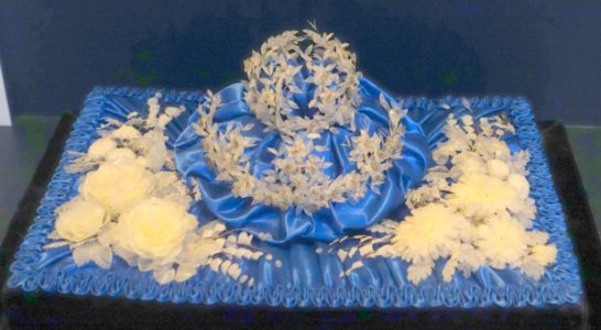 Bridal crown, made by Eda A. Bastman, 1896-1897, displayed at Stockholm Expo 1897, silk, fish scale - Nordiska museet - Stockholm, Sweden - DSC09724