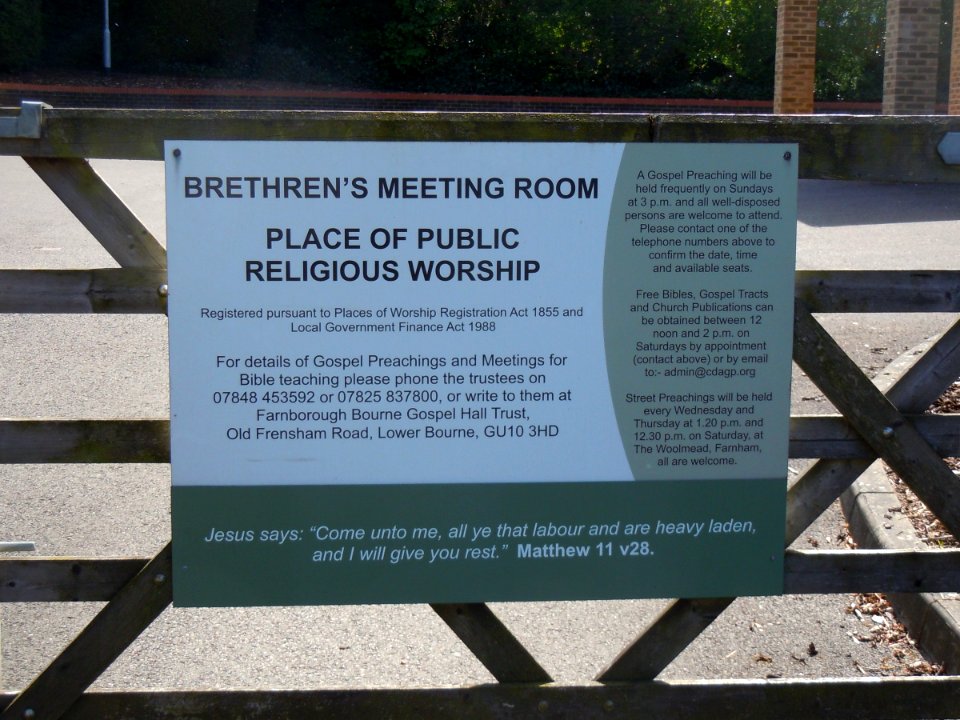 Brethren Meeting Room, Old Frensham Road, Lower Bourne, Farnham (May 2015) (Sign)