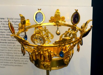 Bridal crown, from Hacksta, Trogd district, 18th century, glass, stones, brass, gilt - Nordiska museet - Stockholm, Sweden - DSC09723
