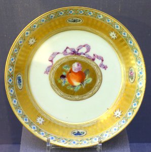 Breakfast set, gilt borders and fruit devices (3 of 4), Denmark, Royal Copenhagen Factory, c. 1785-1790, hard-paste porcelain - California Palace of the Legion of Honor - DSC07662
